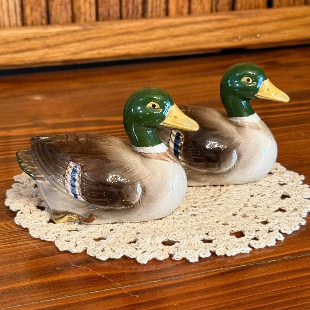 Otagiri Mallard Duck Salt Pepper Shakers Green Brown Excellent 1981